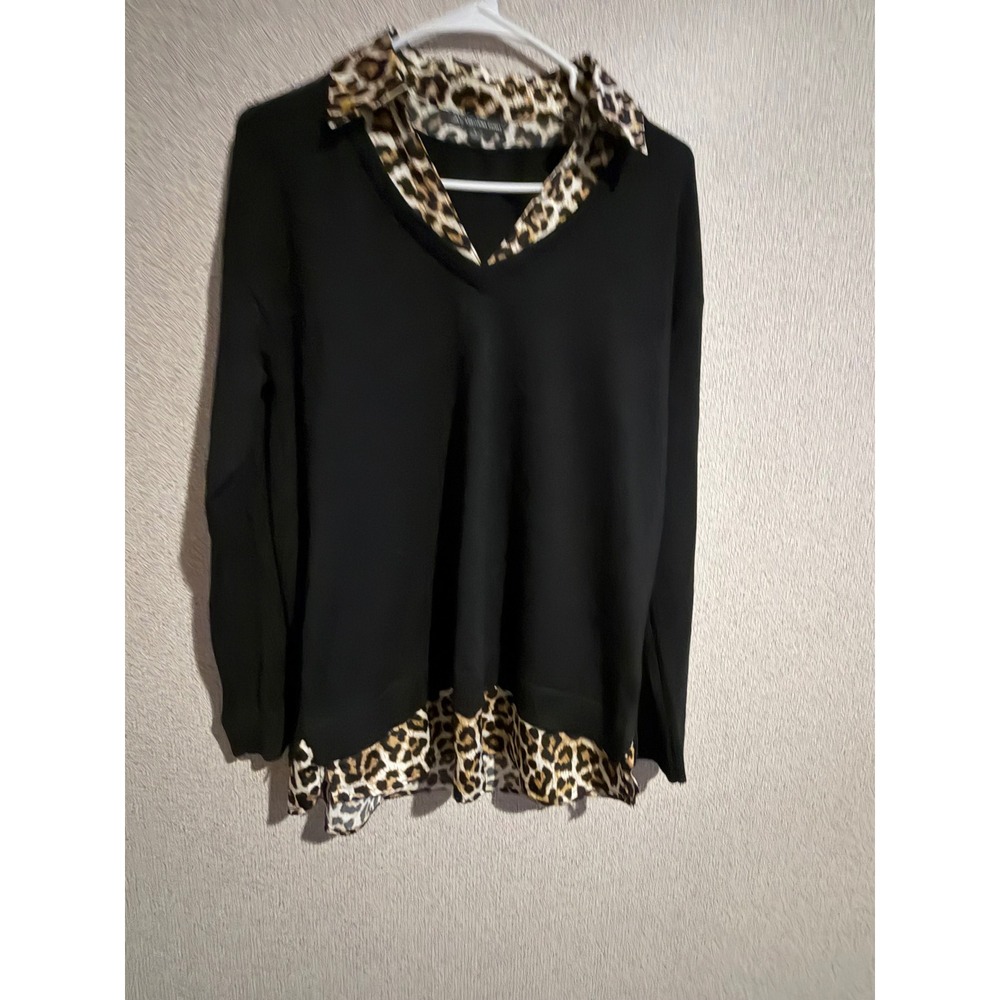 Adrianna Papell Womens Black Leopard Print Layered Look Sweater Top Small